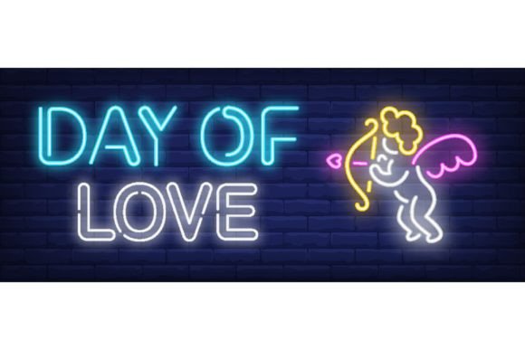 Download Day of Love Neon Text with Cute Cupid. S - Day of love Collection